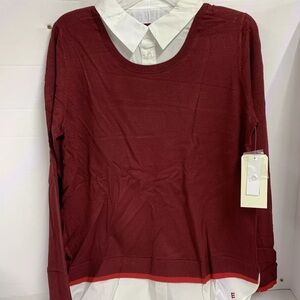 EV1 Two-fer Sweater, Collar Shirt Built In Sweater Combo, L(12/14) Burgundy New